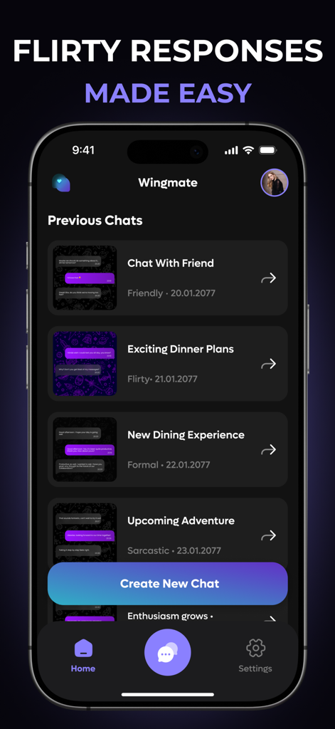 Rizz AI Dating: RizzGen - Rizz AI Dating app interface showing a list of previous chat conversations categorized by tone such as flirty and friendly.