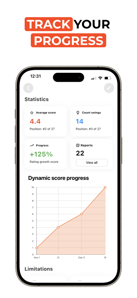 UpT: Your Golf Coach & AI - Panel de estadísticas de la aplicación UpT Golf que rastrea el progreso del usuario con un gráfico de mejora de puntuación