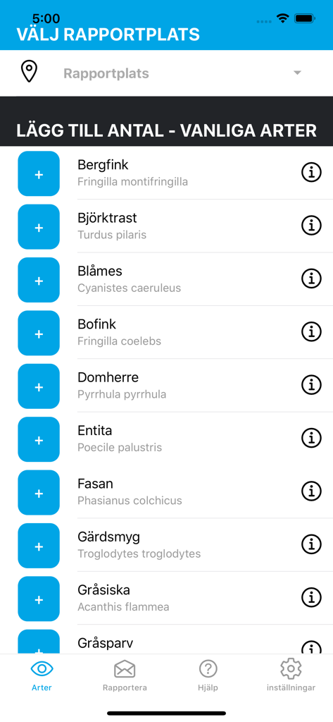 Une liste d'espèces d'oiseaux communes dans l'application d'observation d'oiseaux Vinterfåglar avec des boutons pour ajouter des signalements