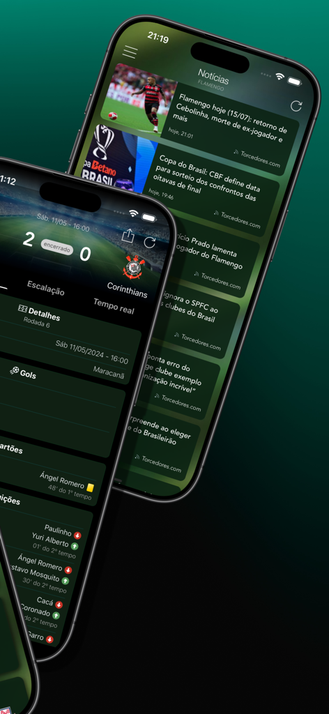Interfaccia dell'app Brasileirao Pro che mostra statistiche live di partite di calcio e un feed di notizie per le squadre brasiliane