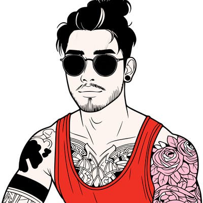 young attractive asian man with a man-bun, glasses, and tattoo's