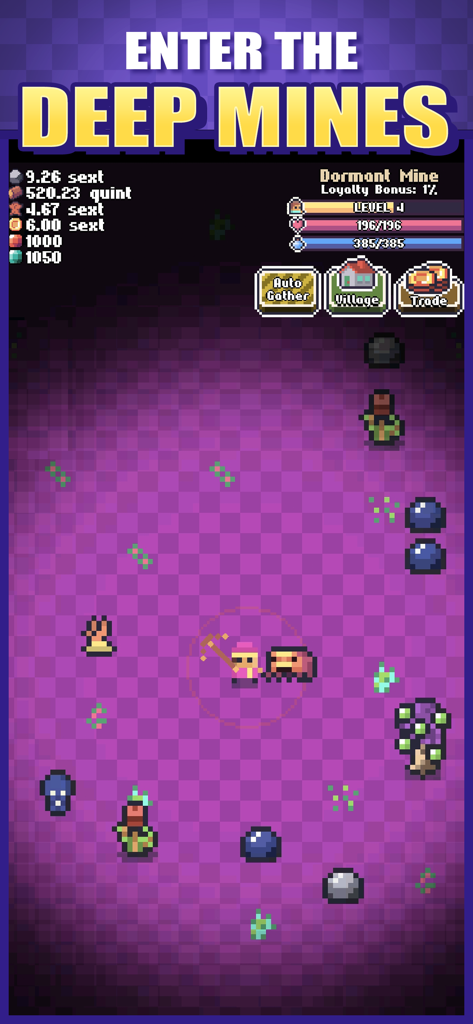 Idle Pocket Crafter 2 - A retro pixel art character gathering resources in a purple deep mine environment within the Idle Pocket Crafter 2 mobile game.