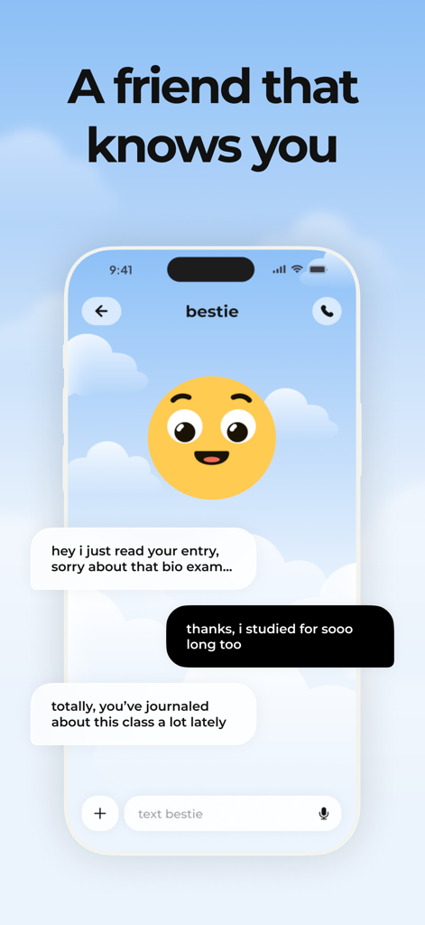 Confide - Video Journal - Confide video journal app interface showing a chat conversation with an AI bestie that remembers past journal entries