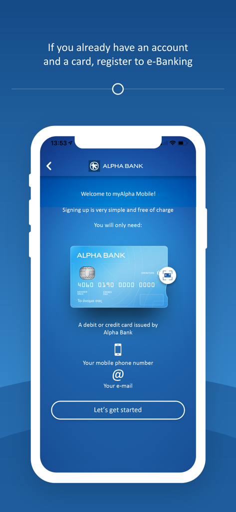 Écran d'inscription de l'application mobile myAlpha affichant les exigences d'inscription aux services bancaires en ligne, notamment un numéro de téléphone mobile et une adresse e-mail pour la carte Alpha Bank.