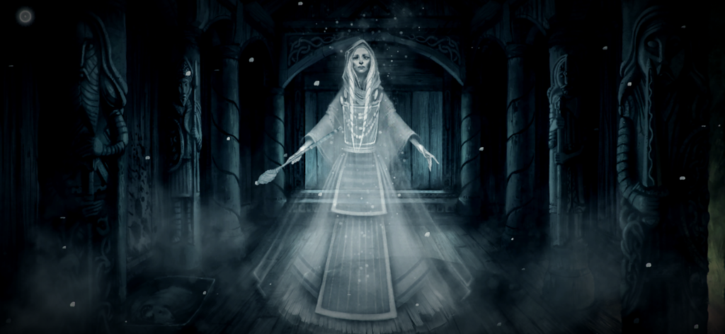 The Frostrune - A glowing ghostly woman in traditional Viking dress inside a dark hand painted room