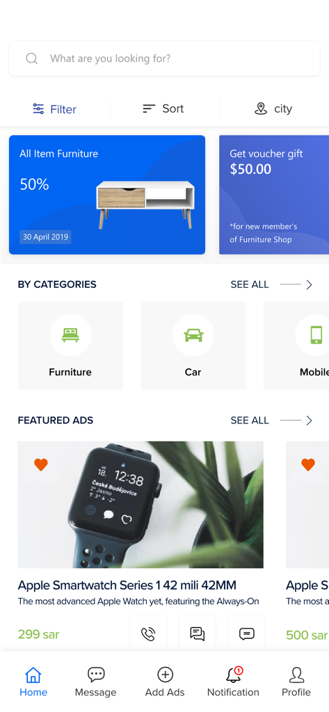 most3mal-مستعمل - Home screen of the most3mal marketplace app showing product categories like furniture and cars along with a featured smartwatch ad.
