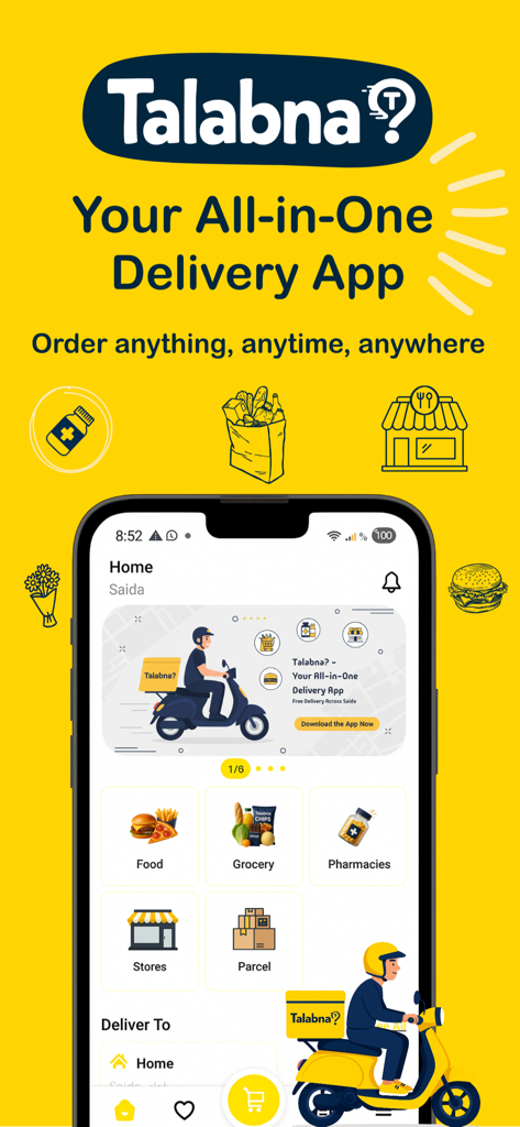 Talabna app home screen showing delivery categories for food grocery and pharmacy