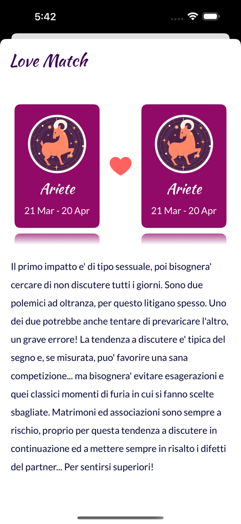 Astri di Paolo Fox - Funzione Love Match dell'app Astri di Paolo Fox che mostra la compatibilità zodiacale per l'Ariete