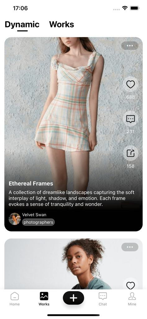 Tjgo - Video Chat，Adult Share - Interfaz de la aplicación Tjgo que muestra una publicación de modelo de moda con recuentos de interacción en el feed dinámico