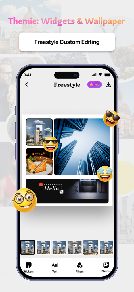 Themie: Widgets & Wallpaper - スマートフォン画面。ステッカーとテキストツールを備えた、Themieアプリのフリースタイル写真コラージュ編集インターフェースを表示しています。