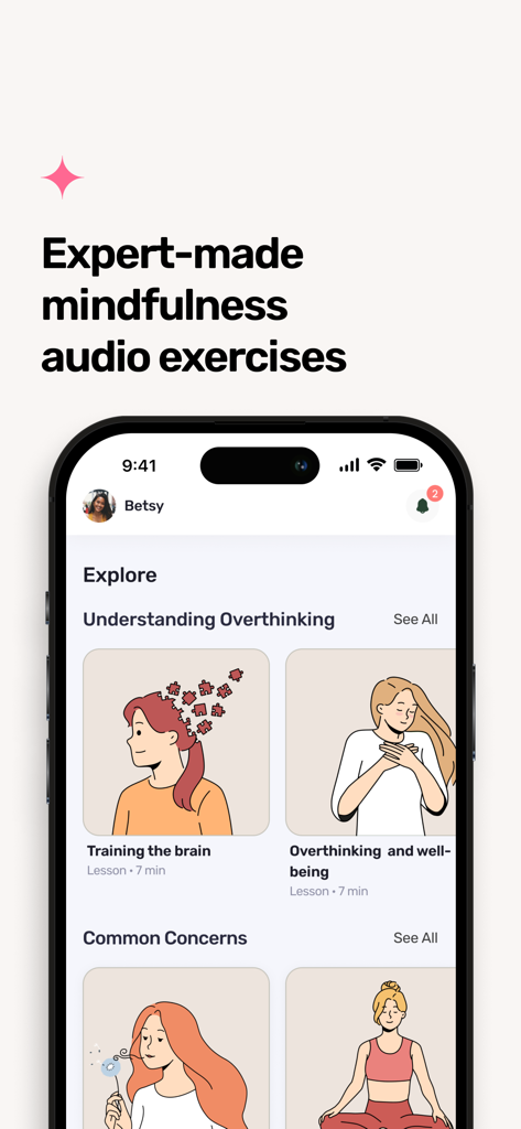 Mindway: Stop Overthinking - Mindway app interface showing a list of expert-made mindfulness audio lessons and exercises to stop overthinking