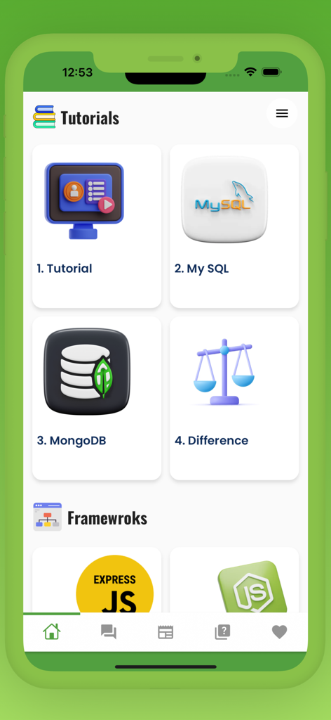 NodeJS Programming Guide - NodeJS Programming Guide App-Dashboard mit Tutorial-Kategorien und Frameworks