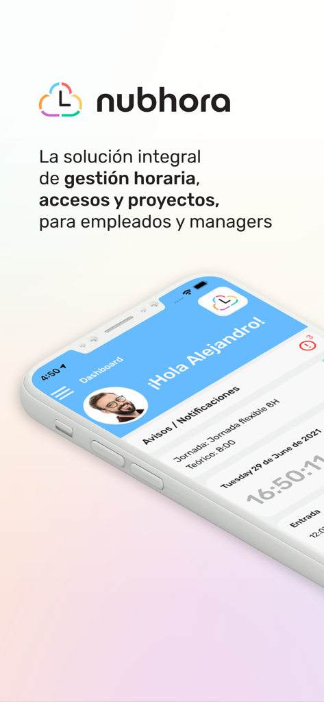Nubhora - Nubhora mobile app dashboard showing employee time tracking and notifications