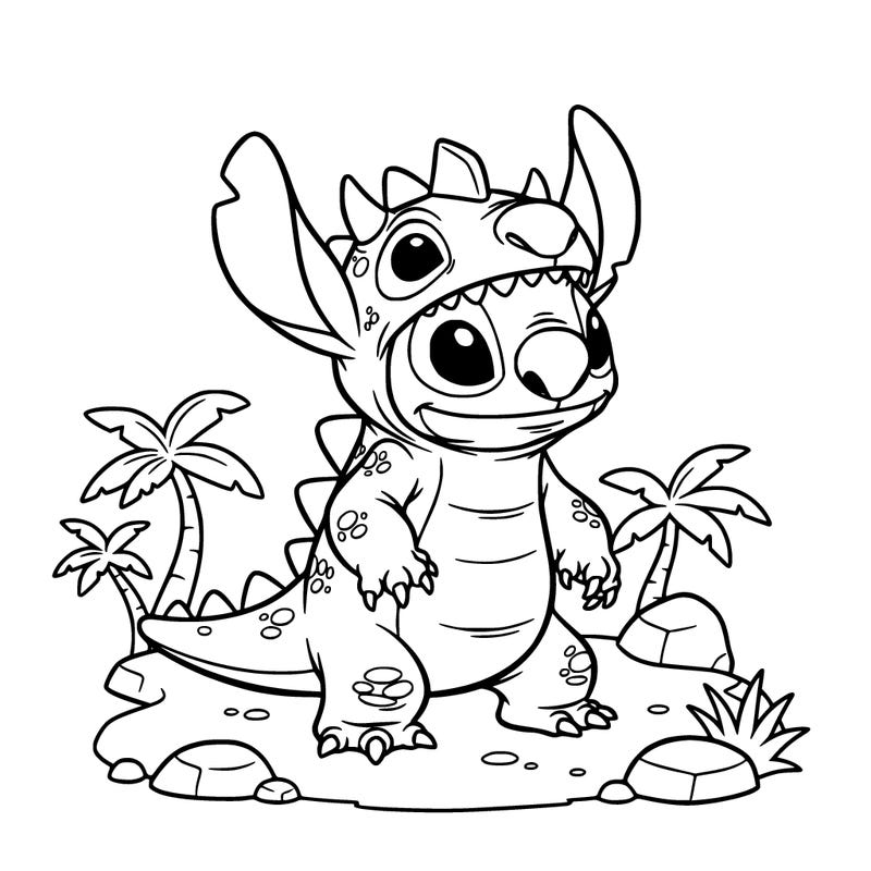 stitch dressed up like a dinosaur