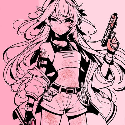 bad girl wearing crop top holding a gun long hair anime