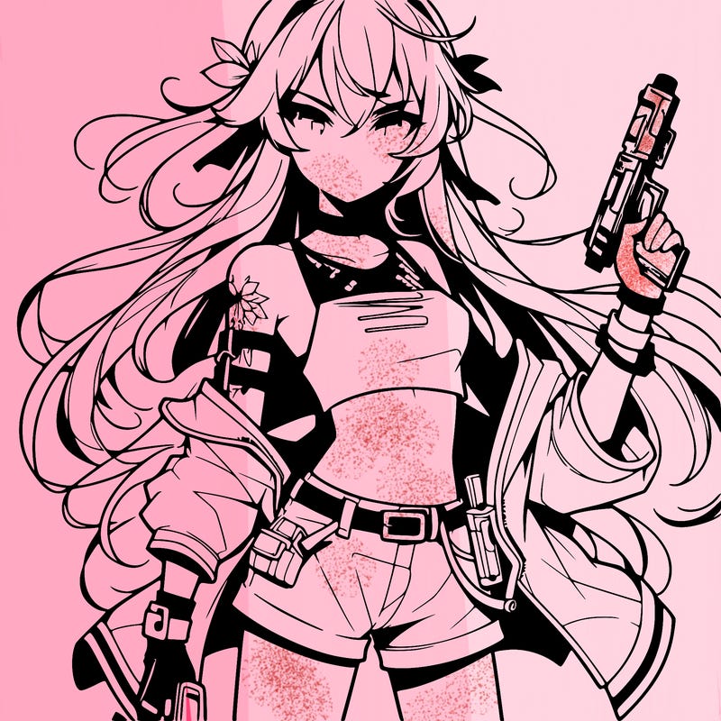 bad girl wearing crop top holding a gun long hair anime