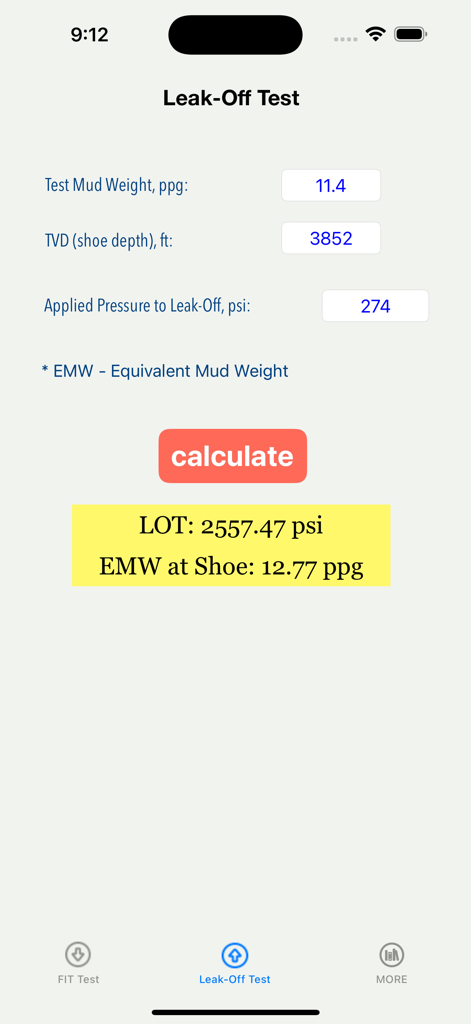 OilField FIT & Leak-Off Test - Interface of the Leak-Off Test calculator showing input fields for mud weight and depth with results for pressure and equivalent mud weight