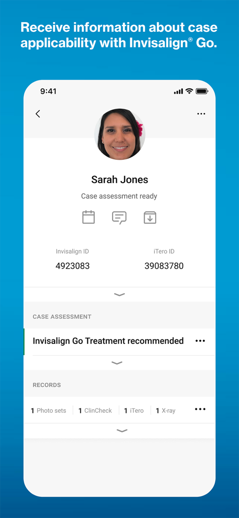 Invisalign Practice App - Vista del perfil del paciente en la App de Práctica Invisalign que muestra una evaluación de caso lista recomendando el tratamiento Invisalign Go