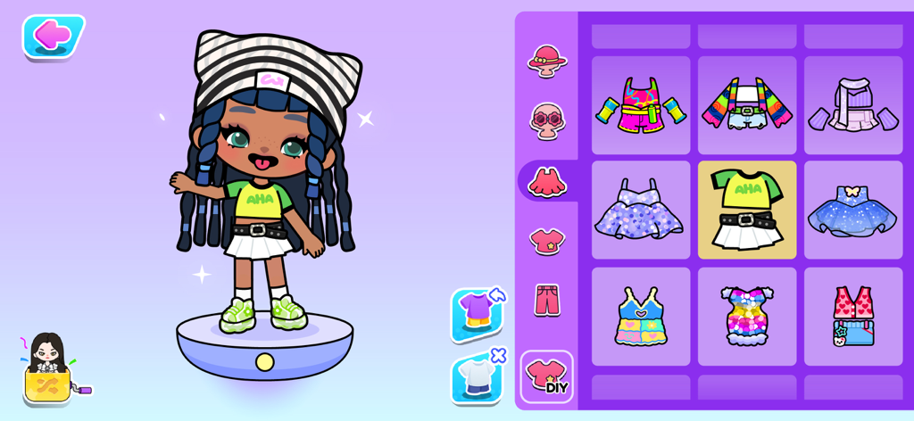 A character customization screen in Aha World showing an avatar and a variety of colorful outfits to choose from