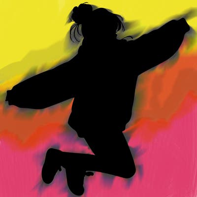 realistic girl jumping with a bun and oversized sweatshirt