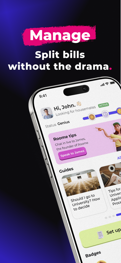 Pantalla móvil de la aplicación Roome que muestra la función de gestión de facturas y guías universitarias para estudiantes