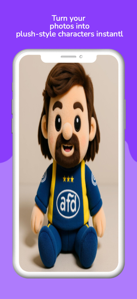 PlushMe – AI Doll Maker - A smartphone screen displaying an AI-generated plush doll character of a bearded man.