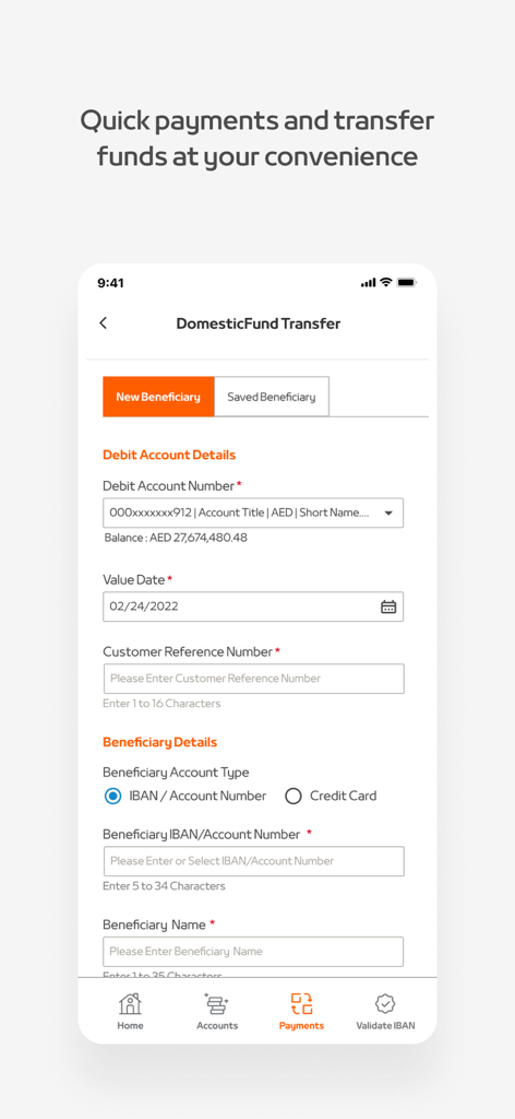 Mashreq NEO CORP - Interface de virement national dans l'application Mashreq NEO CORP pour la banque d'entreprise.
