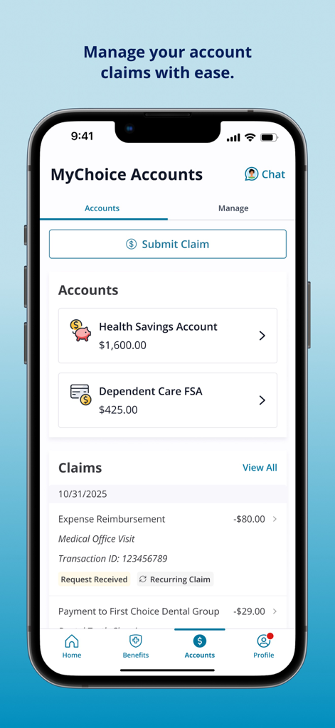 Interface of MyChoice Benefits app showing HSA and FSA account balances and recent health claims.