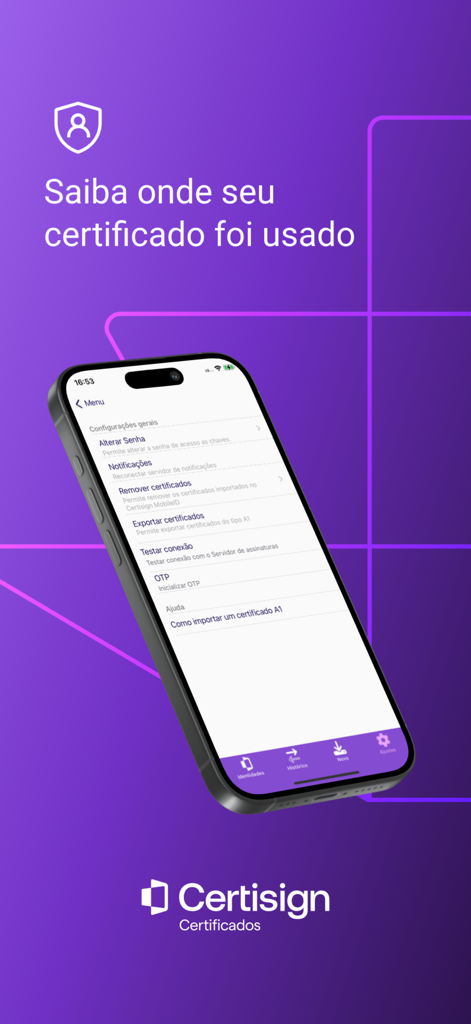 MobileID - Interface do menu de configurações do aplicativo MobileID em um iPhone mostrando opções de certificado digital