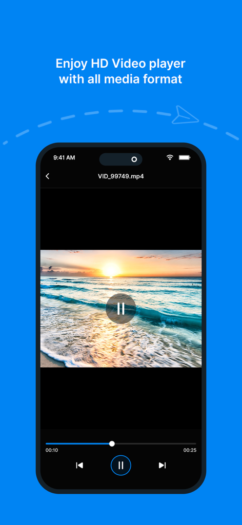 ShareMe - All File Sharing - Interfaz del reproductor de video HD de la aplicación ShareMe que muestra una escena de atardecer en un smartphone