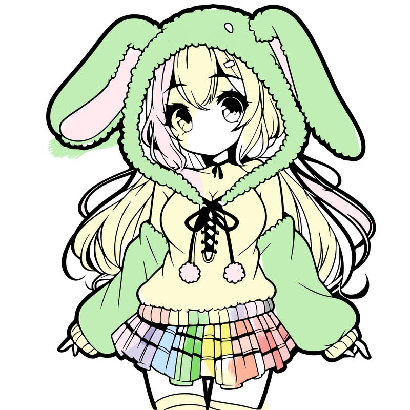 pretty anime girl wearing a fluffy hoodie with bunny ears on the hood and a skirt