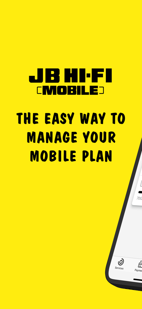 JB Hi-Fi Mobile - JB Hi-Fi Mobile app welcome screen with mobile plan management text
