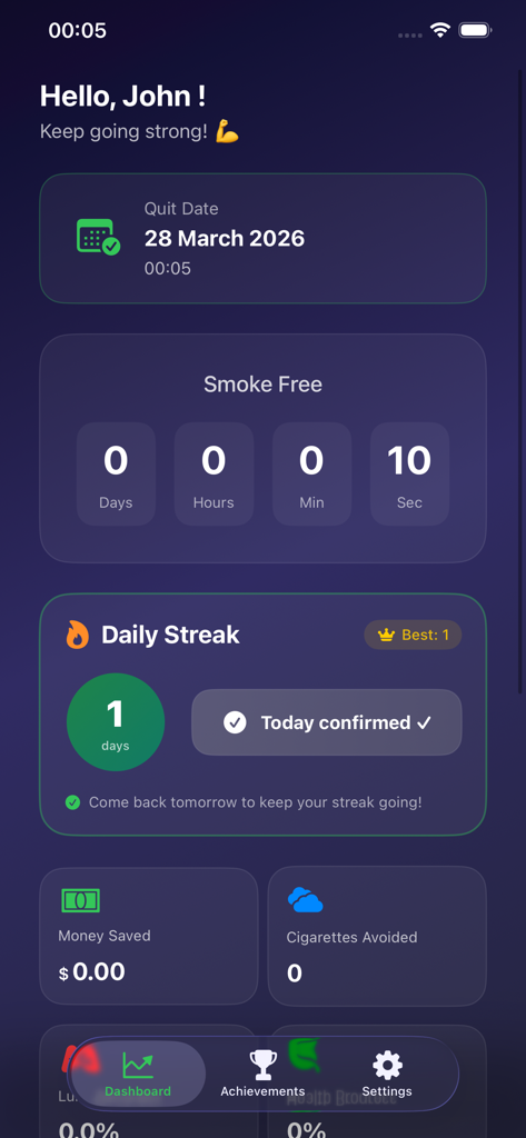 Quit Smoky: Stop Smoking - Dashboard of Quit Smoky app showing smoke free timer and daily streak