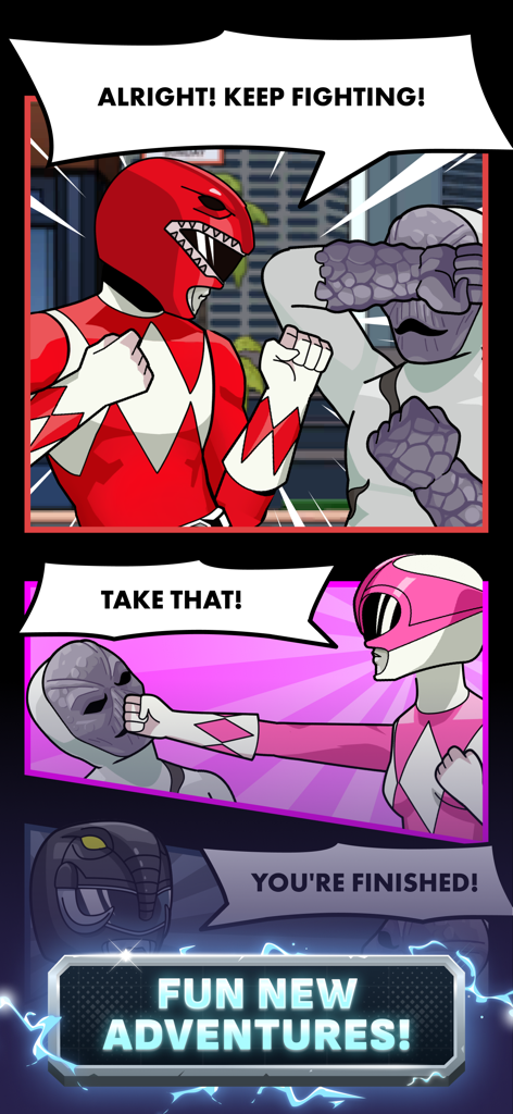 Power Rangers Mighty Force - Paneles de estilo cómic que muestran a los Rangers Rojo y Rosa luchando contra Putty Patrollers con bocadillos de diálogo