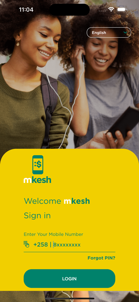 mkesh - Login screen of the mkesh mobile money app with a yellow interface and mobile number input field for Mozambican numbers