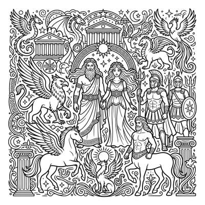 Embark on an epic coloring journey with this captivating page featuring a pantheon of mythological figures from ancient lore. From mighty gods to majestic creatures, discover the magic of ancient legends as you bring them to life with your colors.
