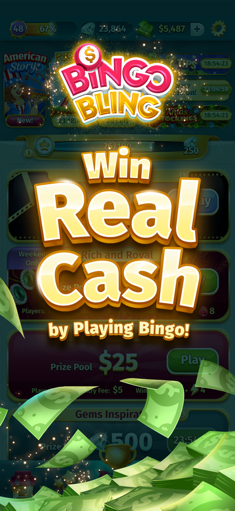 Bingo Bling™  Win Real Cash - Pantalla de la aplicación móvil Bingo Bling con el lema Gana Dinero Real Jugando Bingo con billetes de dólar cayendo