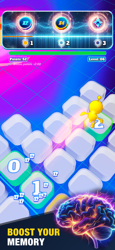 A memory training mini game in Sandbox Universe Architect featuring the character Mr Strange on numbered tiles with a glowing cosmic brain