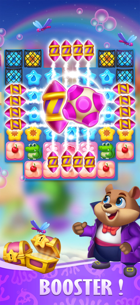Candy 2026 - Match 3 Game - Candy 2026 match 3 game screen featuring colorful boosters and a cartoon character