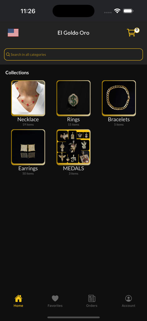 El Goldo Oro - Mobile app interface of El Goldo Oro displaying categories for gold necklaces rings and bracelets
