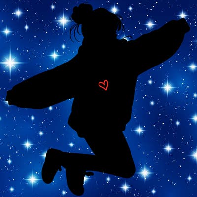 realistic girl jumping with a bun and oversized sweatshirt
