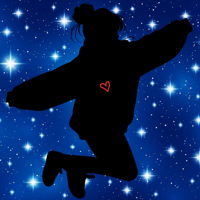 realistic girl jumping with a bun and oversized sweatshirt