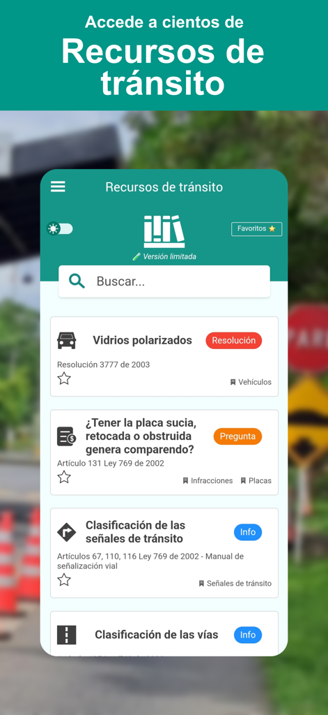A list of transit resources in the Transiteca mobile app including sections for tinted windows license plates and traffic signs