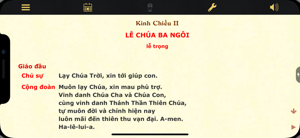 Vietnamese Catholic Liturgy of the Hours app showing Evening Prayer for Holy Trinity Solemnity