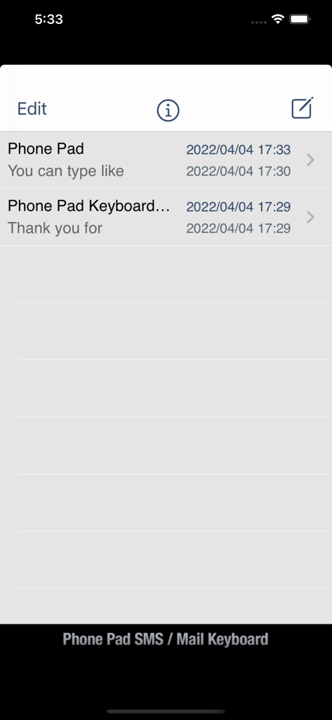Phone Pad SMS / Mail Keyboard - Lista de mensajes guardados y borradores en la interfaz de la aplicación Phone Pad SMS