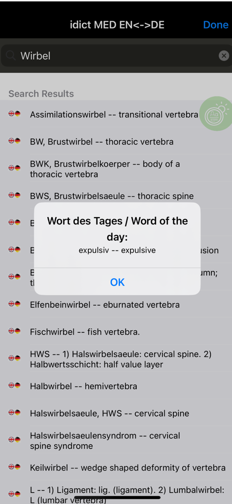 Captura de pantalla de la aplicación idict med que muestra traducciones médicas al alemán e inglés con una notificación de palabra del día.