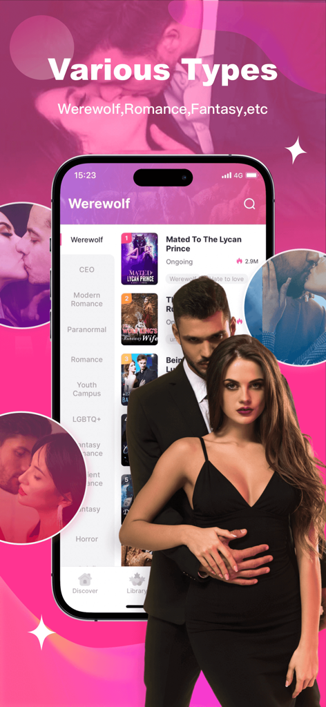 Magfic mobile app interface showing werewolf and romance book categories.