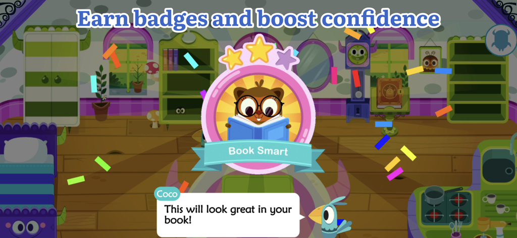 A monster character earning a Book Smart badge to boost reading confidence