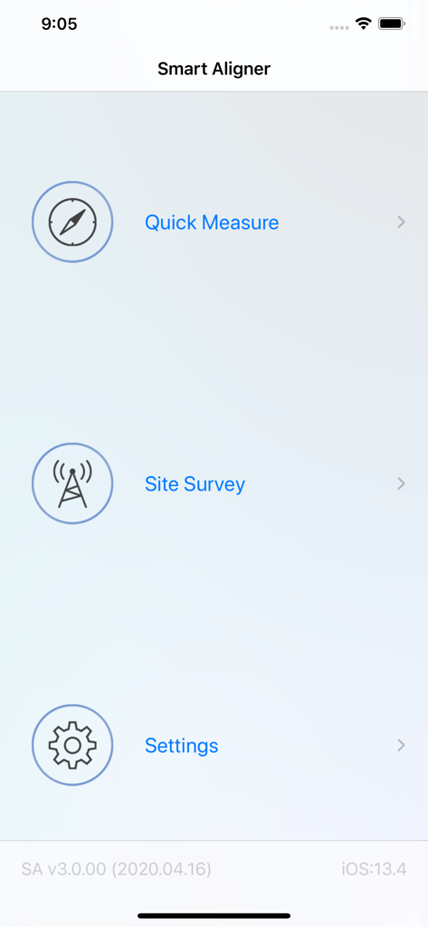 Smart Aligner app home screen showing Quick Measure Site Survey and Settings options.