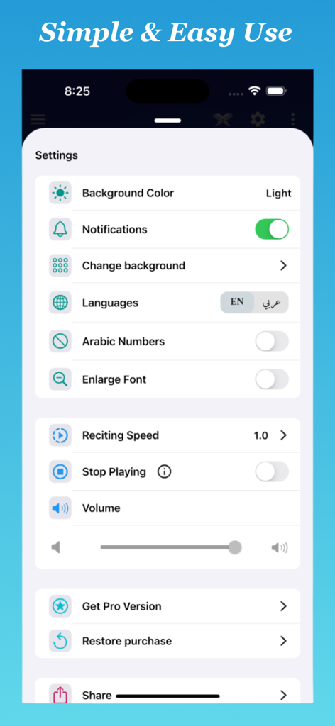 Settings menu of the Quran MP3 app with easy to use customization options